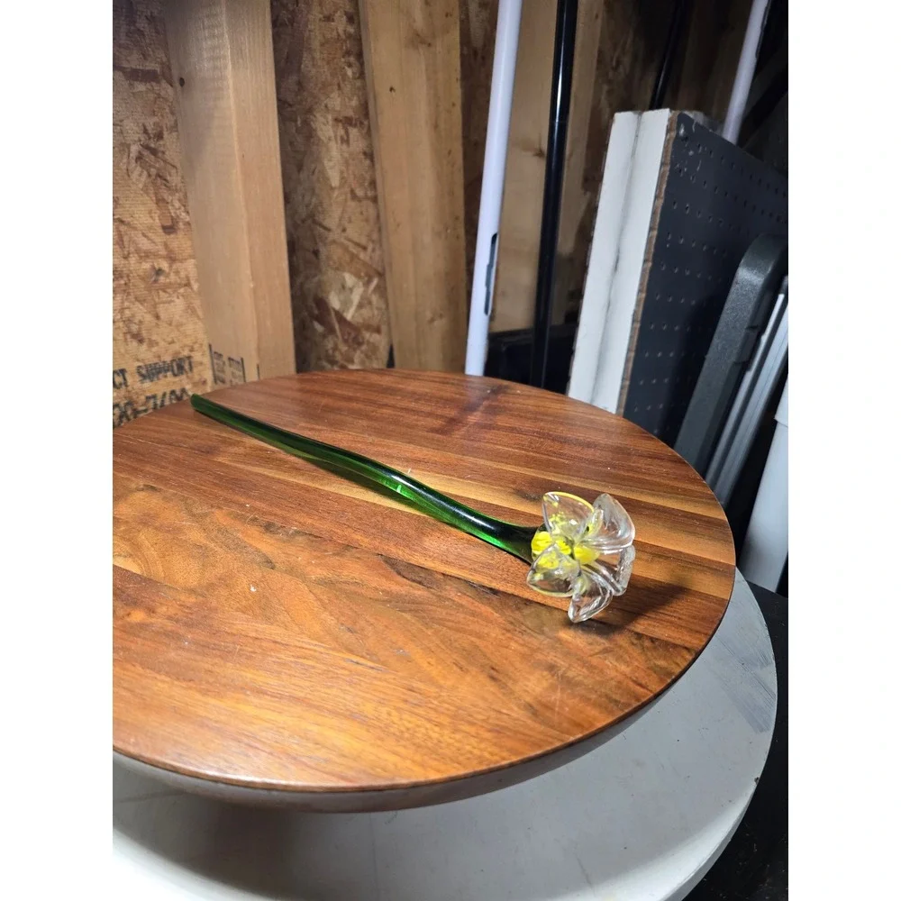Hand Blown Art Glass Flower Long Green Stem Yellow Center Clear Petals 12 Inch